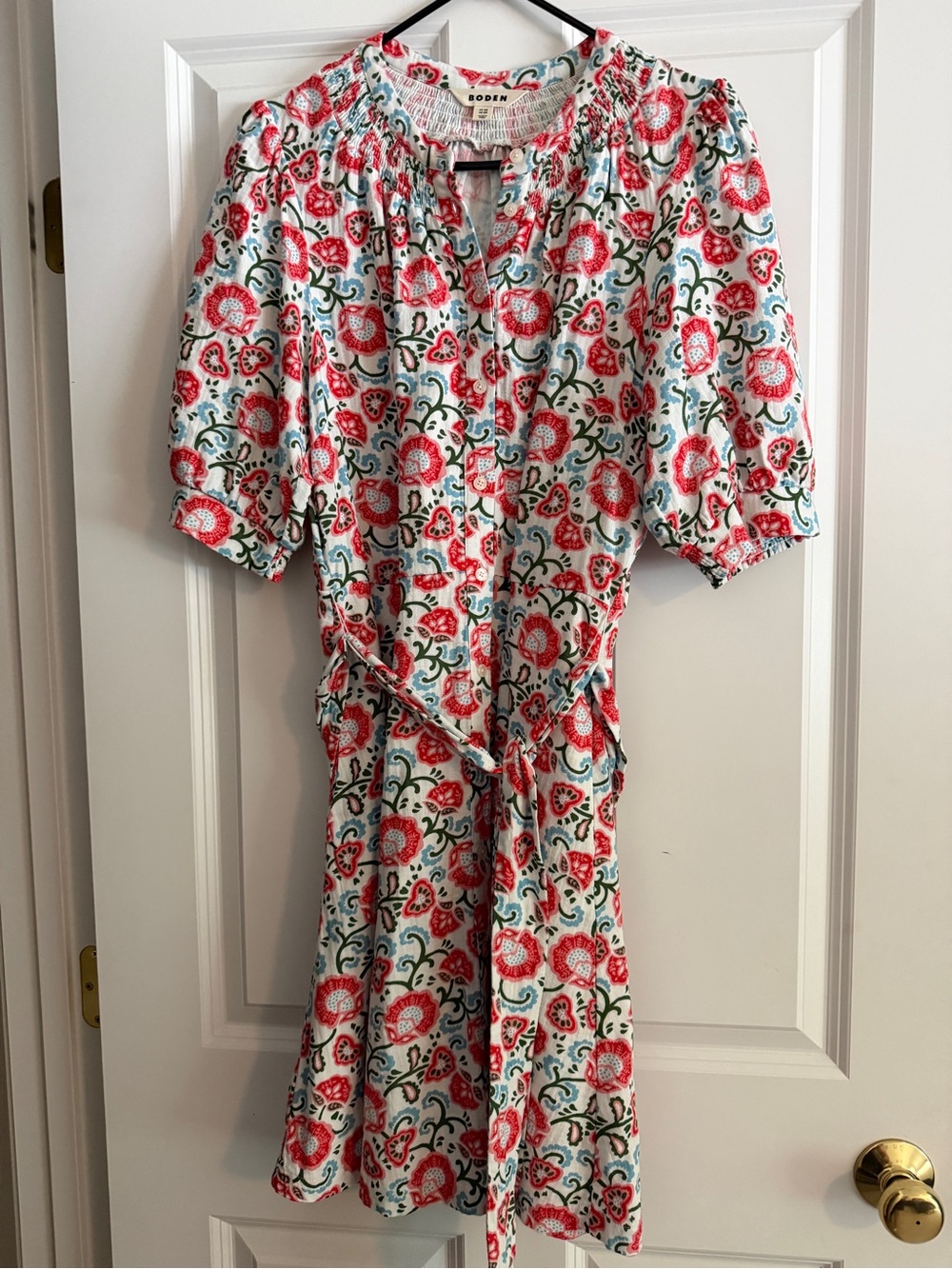 Boden White Floral Tie-Waist Dress with Pink & Green Motif